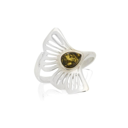Gingko ring with natural green amber, in 925 rhodium silver