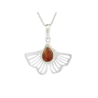 Pendentif gingko avec ambre cognac, en argent rhodié 925, hauteur 1,5+1 cm