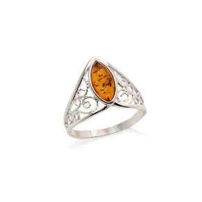 Ring with cognac amber from the Baltic Sea navette, in rhodium-plated silver 925