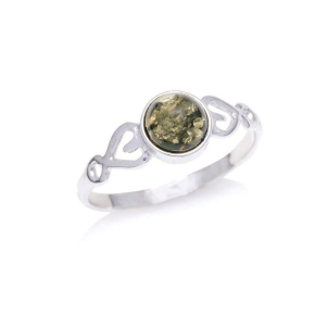 Bague avec ambre vert naturel de la mer Baltique rond, en argent rhodié 925