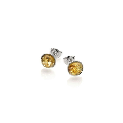Clous d'oreilles avec ambre miel naturel rond, en argent rhodié 925