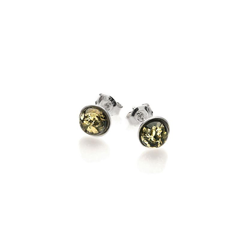 Cercei tip stud cu chihlimbar verde natural rotund, din argint 925 placat cu rodiu