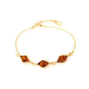 Brățară cu picătură de chihlimbar coniac, din argint aurit 925, lungime 16+3 cm