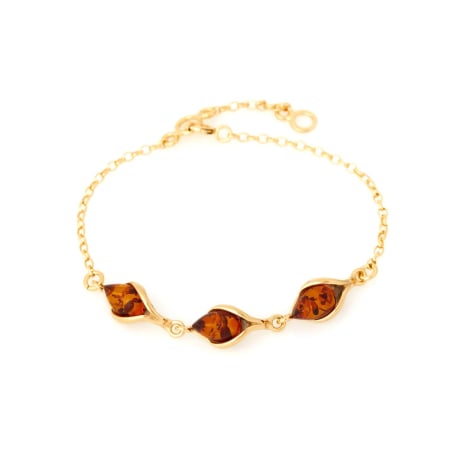 Brățară cu picătură de chihlimbar coniac, din argint aurit 925, lungime 16+3 cm