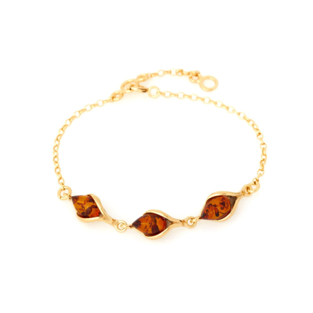 Pulsera con gota de ámbar coñac, en plata dorado 925, longitud 16+3 cm