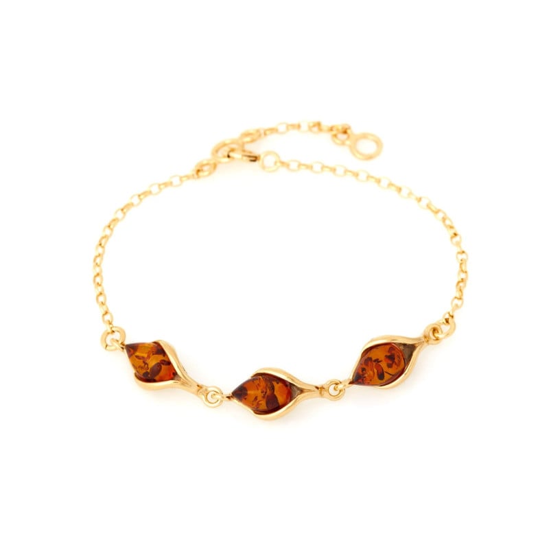 Armband mit Cognac-Bernsteintropfen, aus 925er vergoldeter Silber, Länge 16+3 cm