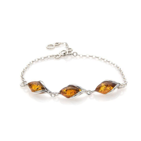 Bracelet with cognac amber drop, in rhodium silver 925, length 16+3 cm