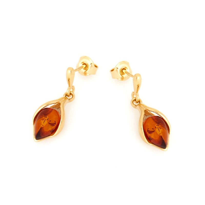 Boucles d'oreilles avec ambre cognac naturel, en argent doré 925