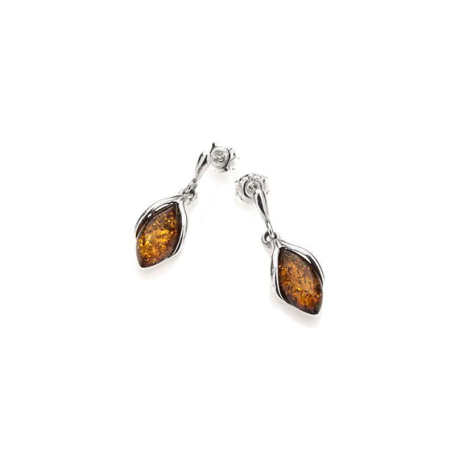 Boucles d'oreilles pendantes avec ambre cognac navette, en argent rhodié 925