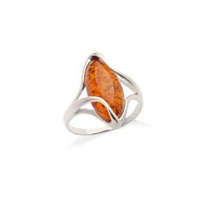 Bague avec ambre cognac de la mer Baltique navette, en argent rhodié 925