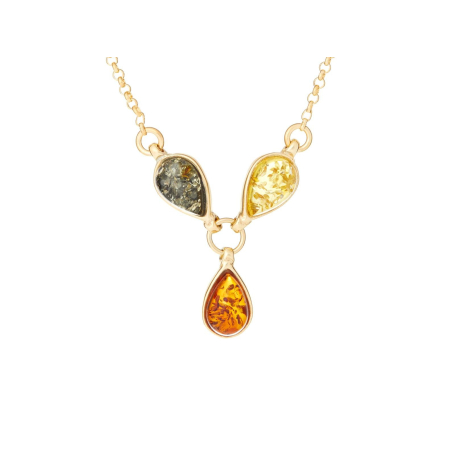Collier avec ambre multicolore, en argent doré 925, longueur 42 + 3 cm