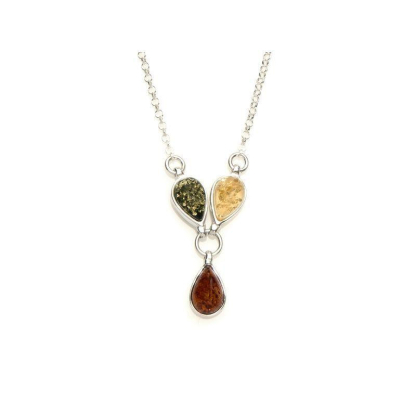 Çok renkli kehribar damlalı kolye, 925 rodyum kaplama gümüş