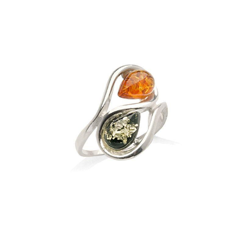 Bague avec ambre multicolore de la mer Baltique goutte, en argent rhodié 925