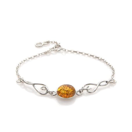Bratara cu chihlimbar cognac oval, din argint 925 rodiu, lungime 16+3 cm