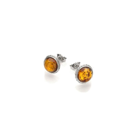 Clous d'oreilles avec ambre cognac de la mer Baltique rond, argent rhodié 925