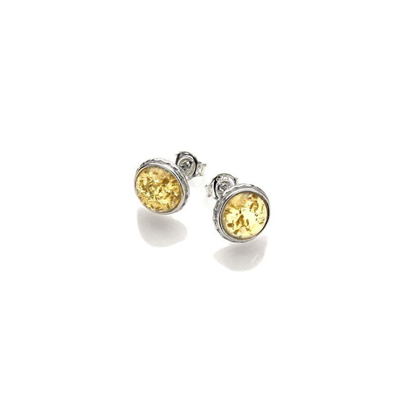 Clous d'oreilles avec ambre miel naturel rond, en argent rhodié 925