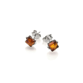 Square Baltic Sea cognac amber stud earrings, 925 rhodium silver