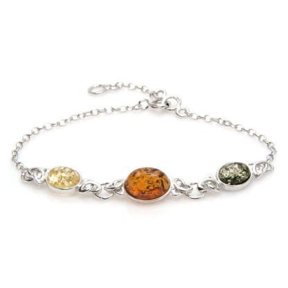 Armband met ovale veelkleurige barnsteen, in 925 gerhodineerd zilver, lengte 16+3 cm
