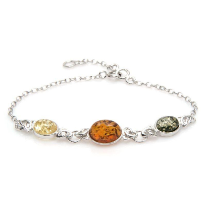 Bracciale con ambra ovale multicolore, in argento 925 rodiato, lunghezza 16+3 cm