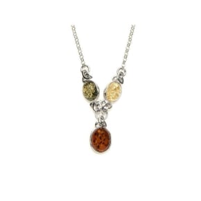 Collier avec ambre multicolore ovale, en argent rhodié 925