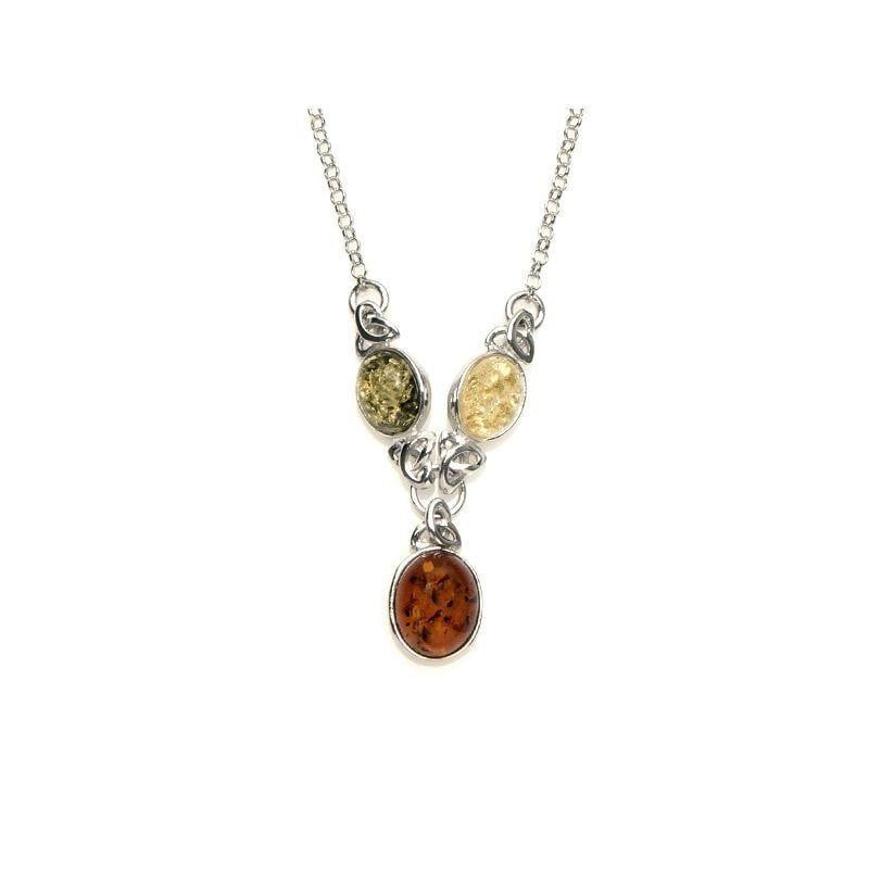 Collana con ambra ovale multicolore, in argento 925 rodiato