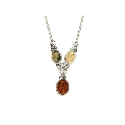 Collana con ambra ovale multicolore, in argento 925 rodiato