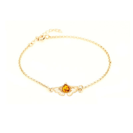 Ginkgo bracelet with cognac amber, 925 gold plated silver, 16 + 3 cm