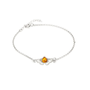 Ginkgo-Armband mit cognacfarbenem Bernstein, rhodiniertes Silber 925, 16 + 3 cm