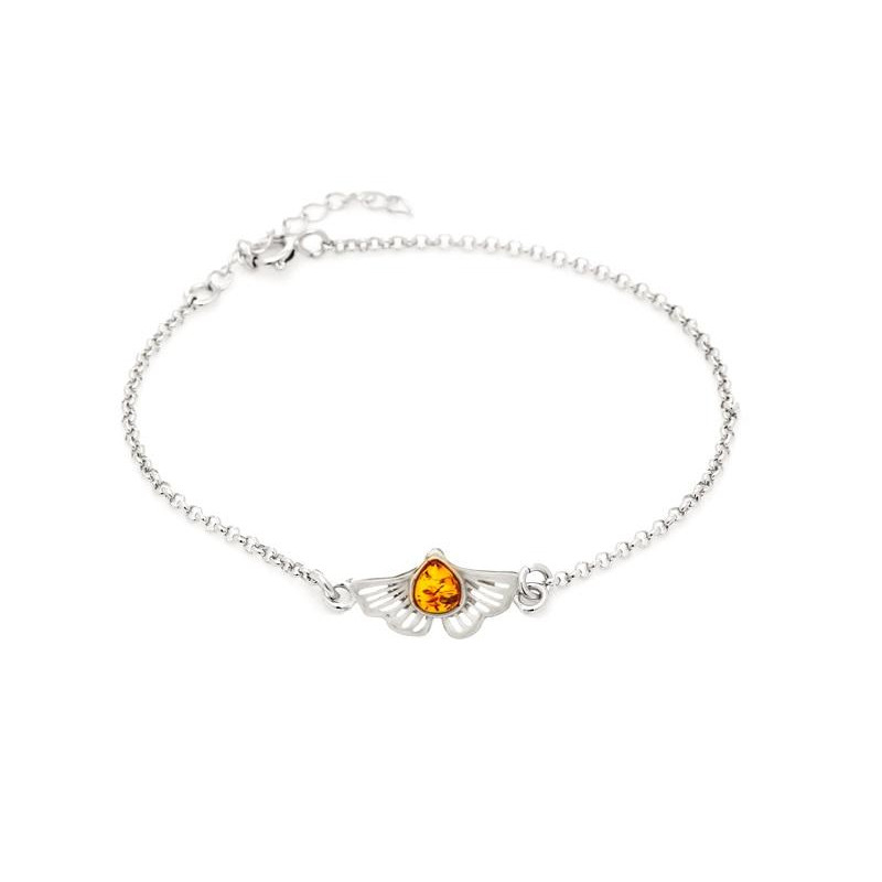 Ginkgo-Armband mit cognacfarbenem Bernstein, rhodiniertes Silber 925, 16 + 3 cm