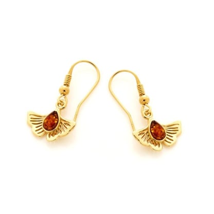 Boucles d'oreilles pendantes ginkgo avec ambre cognac naturel, argent doré