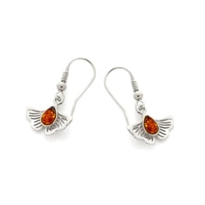 Boucles d'oreilles pendantes ginkgo avec ambre cognac naturel, argent rhodié