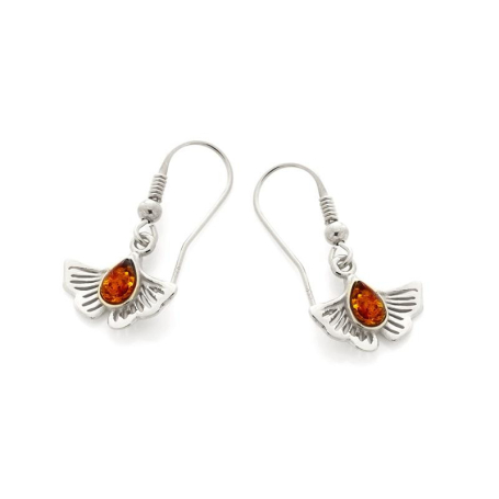Ginkgo dangle earrings with natural cognac amber, rhodium silver