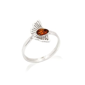 Ginkgo-ring met natuurlijke cognac-amberdruppel, in 925 gerhodineerd zilver