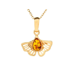 Pendentif ginkgo avec ambre cognac naturel goutte, en argent doré 925