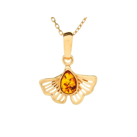 Ginkgo pendant with natural cognac amber drop, in 925 gold plated silver