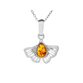 Ginkgo pendant with natural cognac amber drop, in 925 rhodium silver