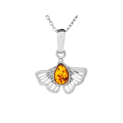 Colgante Ginkgo con gota de ámbar coñac natural, en plata 925 rodiada