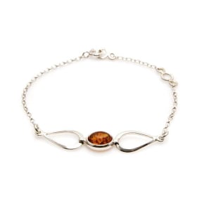 Bracciale con ambra cognac ovale, in argento 925 rodiato, lunghezza 16+3 cm