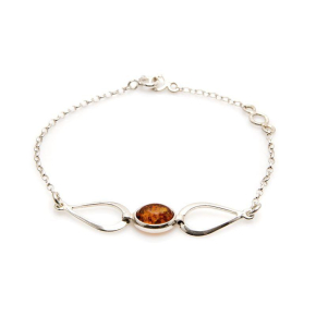 Bracelet with oval cognac amber, in 925 rhodium silver, length 16+3 cm