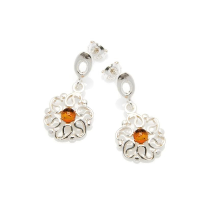 Boucles d'oreilles avec ambre cognac naturel, en argent rhodié 925