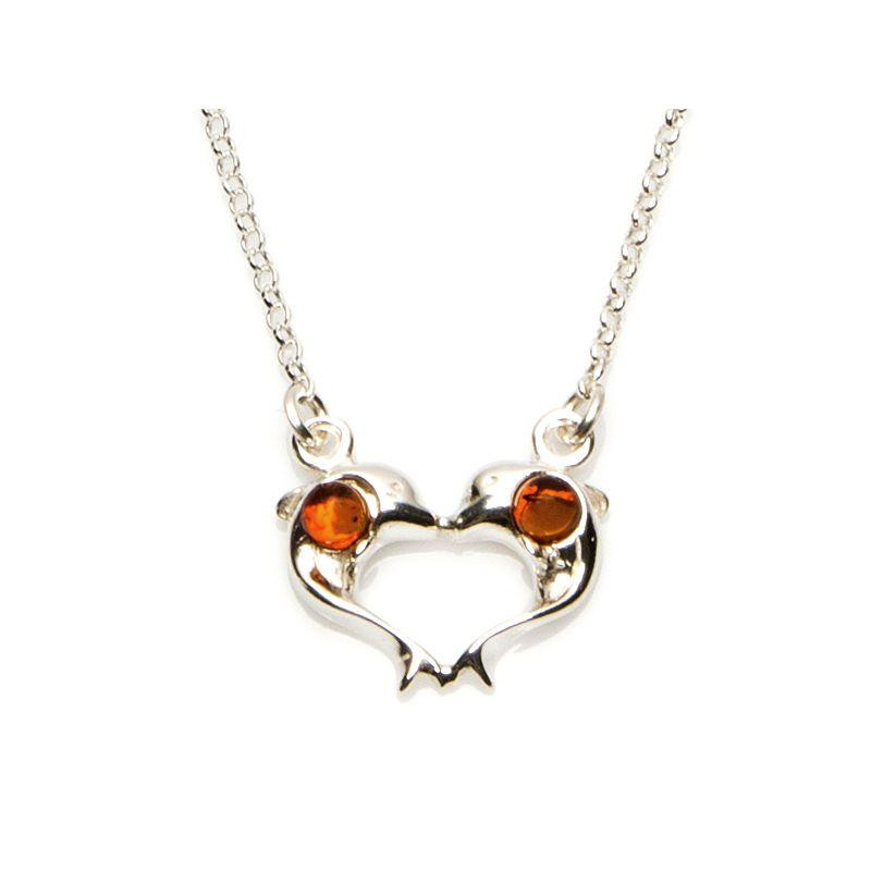 Dolphin necklace with natural cognac amber heart, in 925 rhodium silver