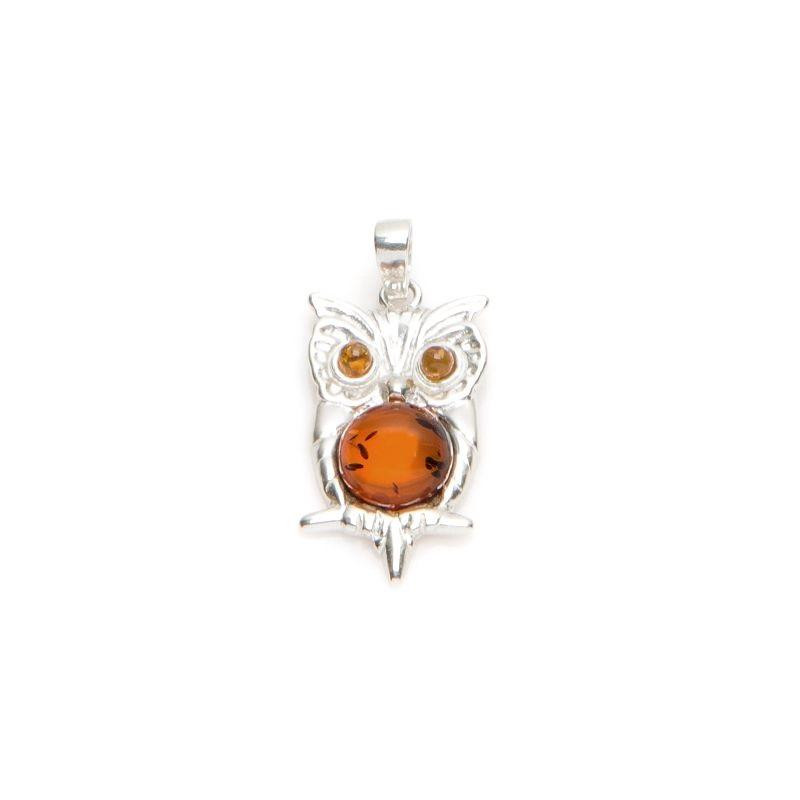 Owl pendant with cognac amber, in 925 rhodium silver, height 2.7+1 cm