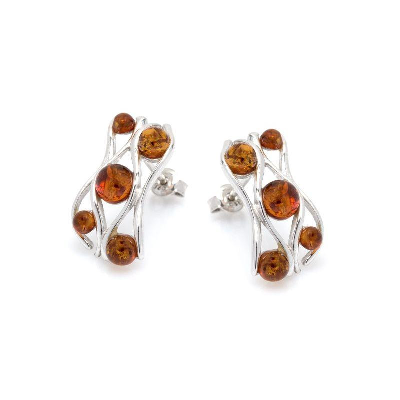 Boucles d'oreilles avec ambre cognac naturel, en argent rhodié 925