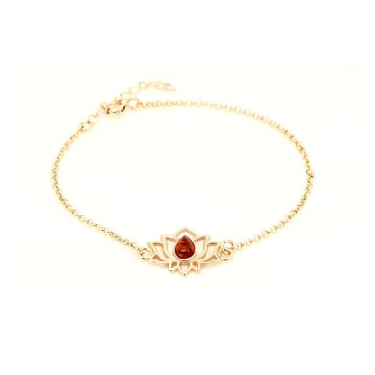 Lotus armband met cognac amber, goudkleurige zilver 925, 15 + 3 cm