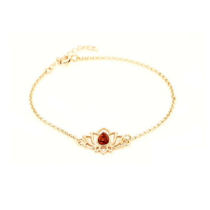 Pulsera Lotus con ámbar coñac, plata dorado 925, 15 + 3 cm