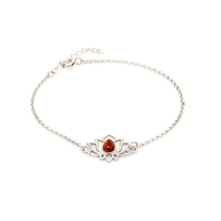 Bracciale Lotus con ambra cognac, argento 925 rodiato, 15+3 cm