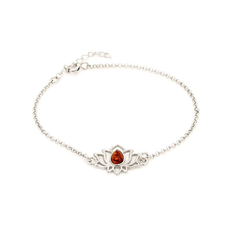 Konyak kehribarlı lotus bileklik, rodyum kaplama gümüş 925, 15 + 3 cm