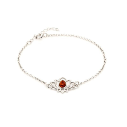 Bratara Lotus cu chihlimbar coniac, argint 925 placat cu rodiu, 15 + 3 cm