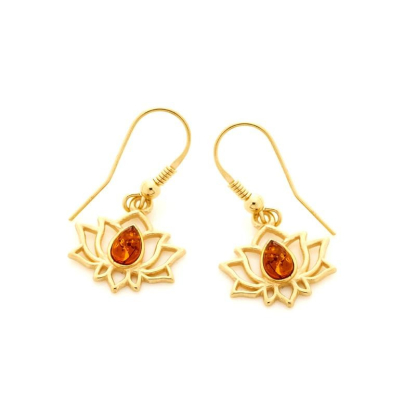 Boucles d'oreilles pendantes lotus avec ambre cognac naturel goutte, argent doré