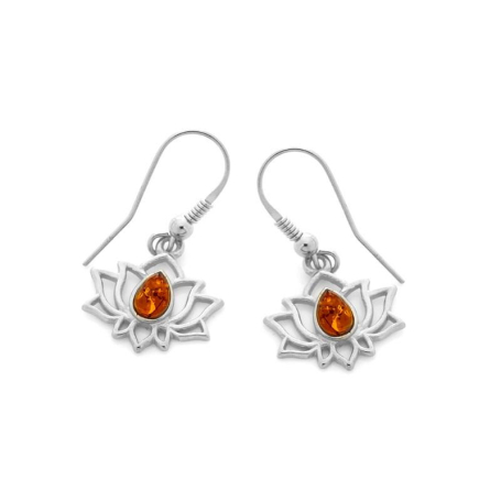 Boucles d'oreilles pendantes lotus avec ambre cognac naturel, argent rhodié